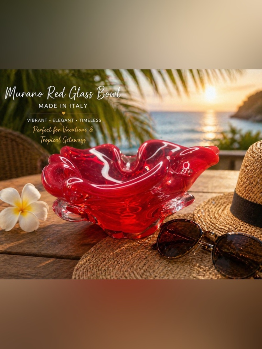 Murano Red Art Glass Bowl with Clear Accents